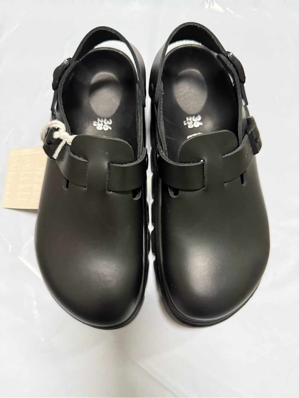 Birkenstock Black Smooth Leather Clogs with Buckle Strap papillio